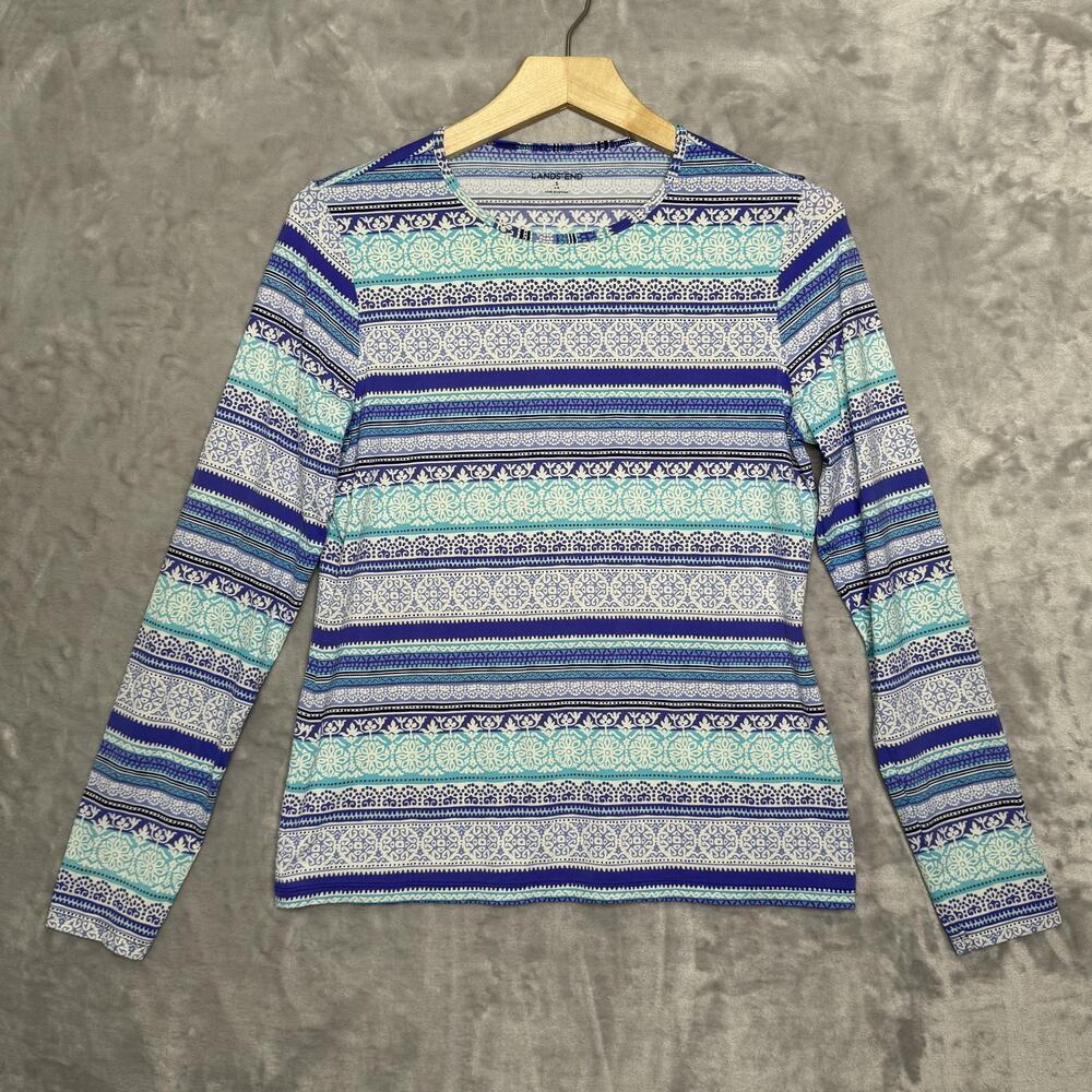 Lands End Shirt Womens Small 6-8 Blue White Teal Long Sleeve Stripe Pattern Crew
